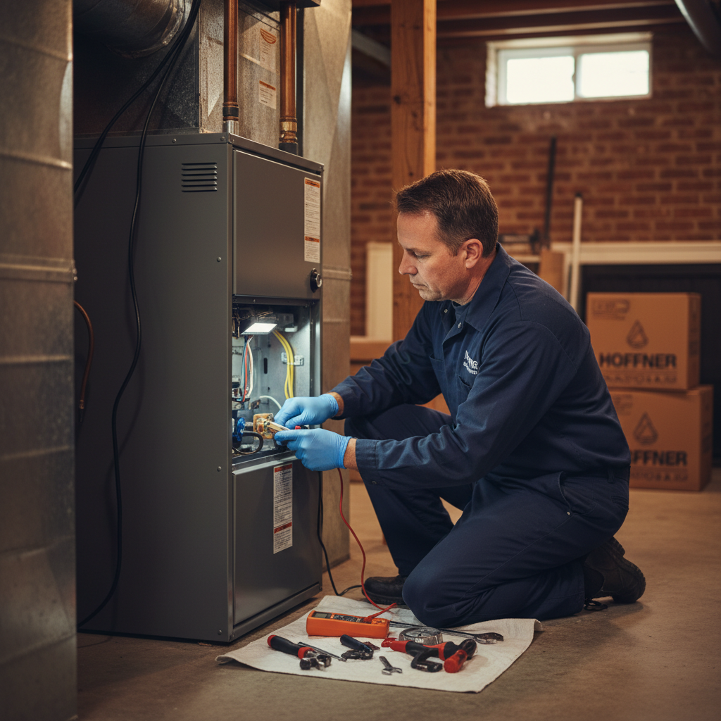 Hoffner Heating and Air technician servicing a furnace, ensuring comfort for homes in Pitcairn, PA.