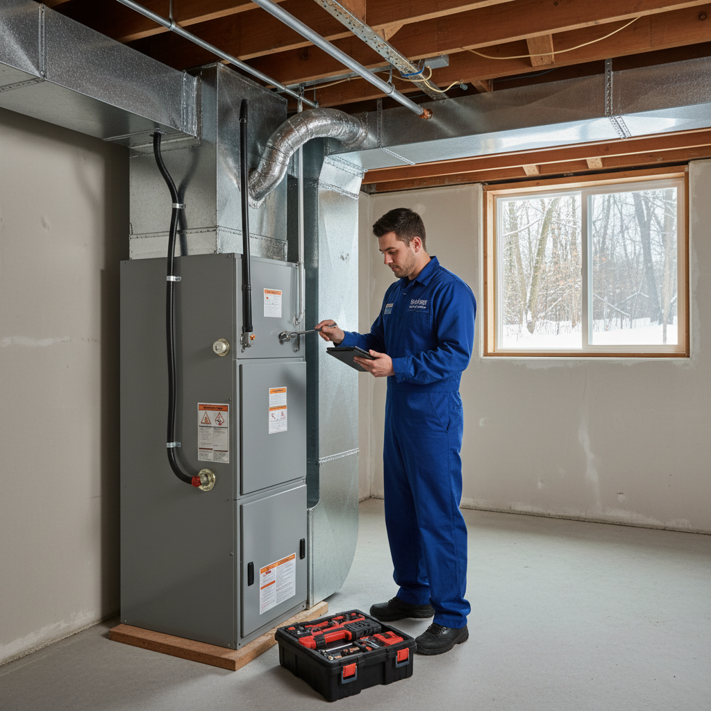 Hoffner Heating and Air technician servicing a furnace in a Pitcairn, Western Pennsylvania home.