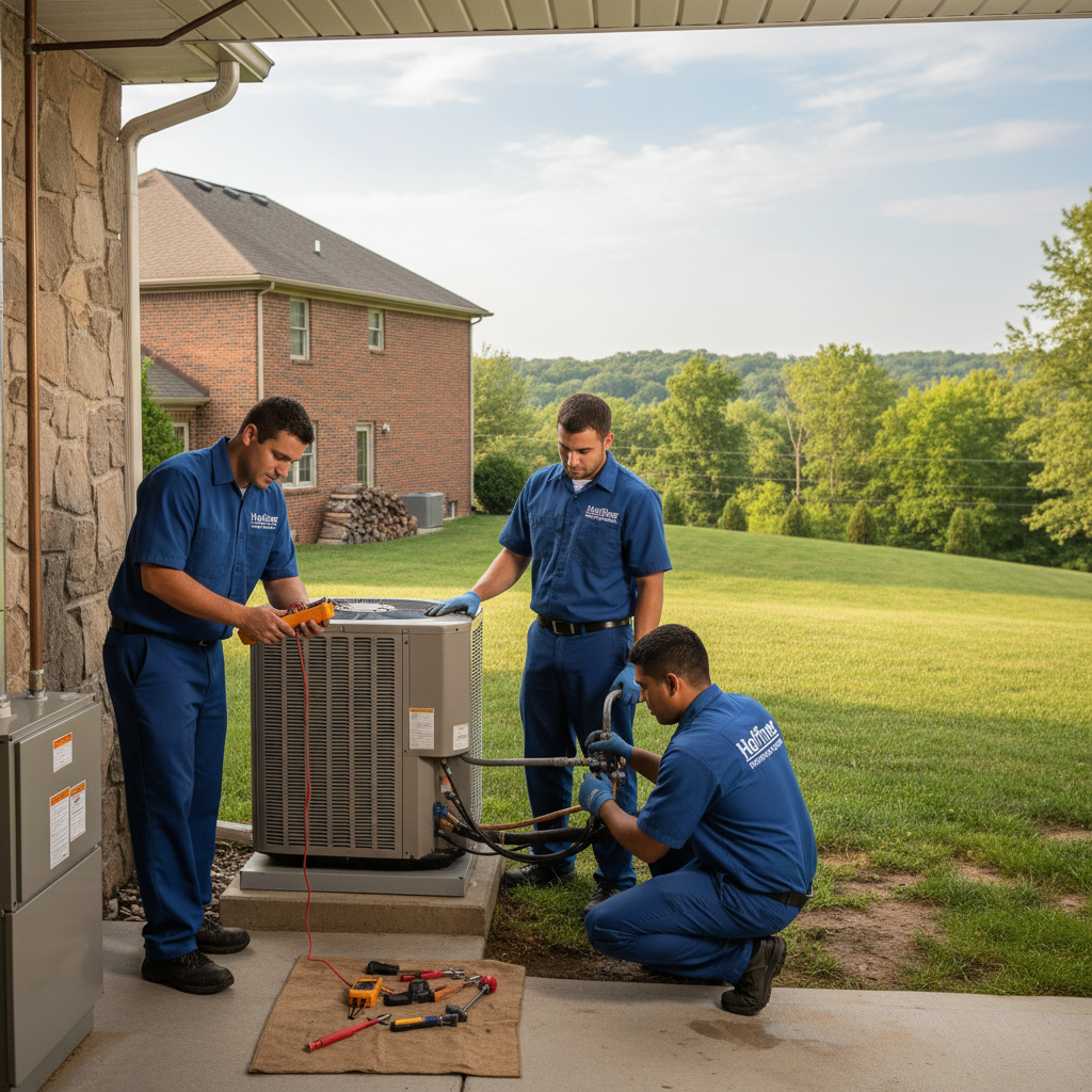 Hoffner Heating and Air technician servicing a furnace in a Murrysville, PA home.