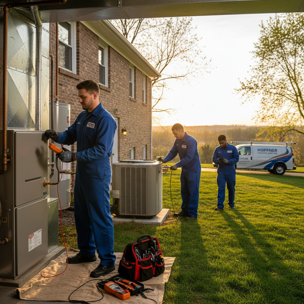 Hoffner Heating and Air technician servicing a furnace in a Murrysville, PA home.