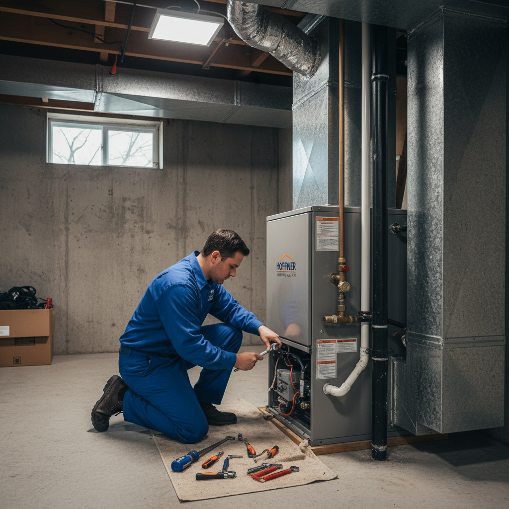 Hoffner Heating and Air technician servicing a furnace in a Western Pennsylvania home.