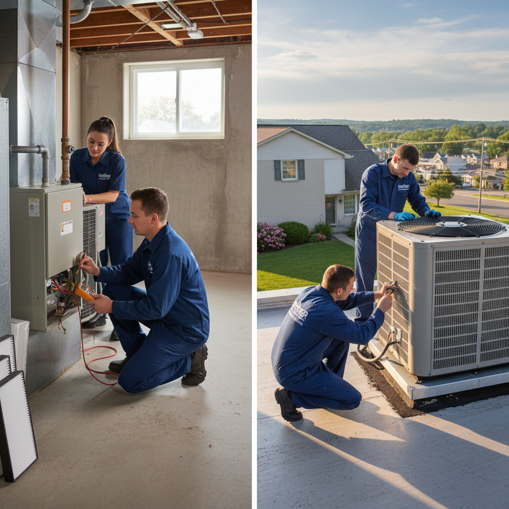 Hoffner Heating and Air technician servicing a furnace in a Western Pennsylvania home, ensuring reliable warmth.