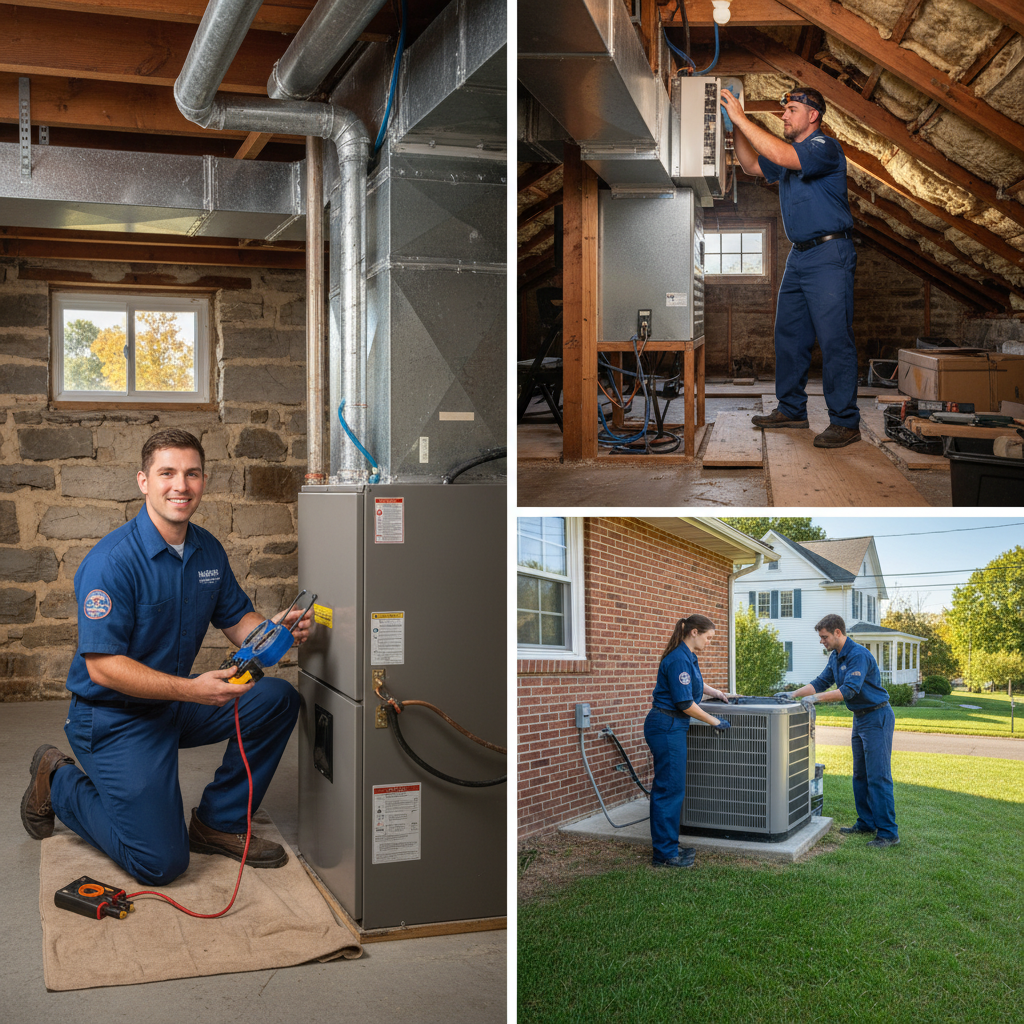 Hoffner Heating and Air technician servicing a furnace in a Murrysville, PA home.