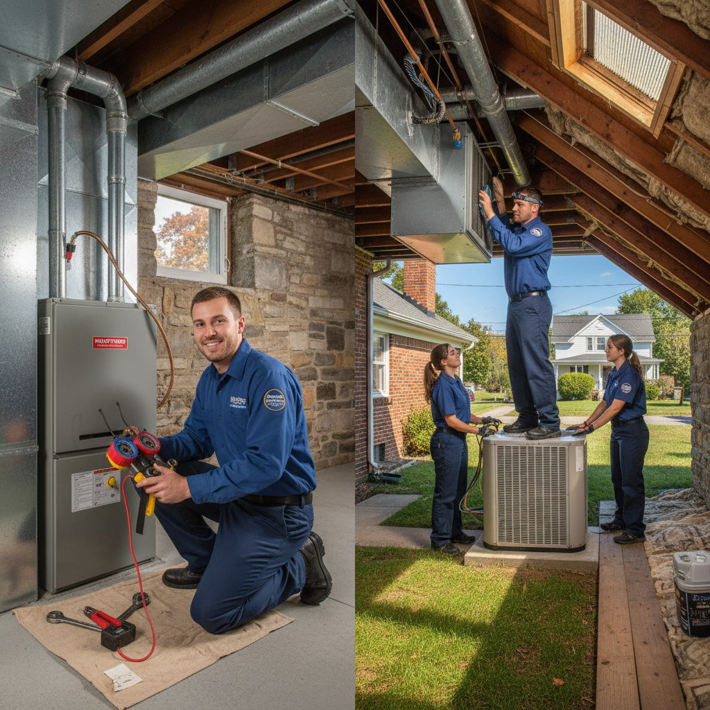 Hoffner Heating and Air technician servicing a furnace in a Murrysville, PA home.