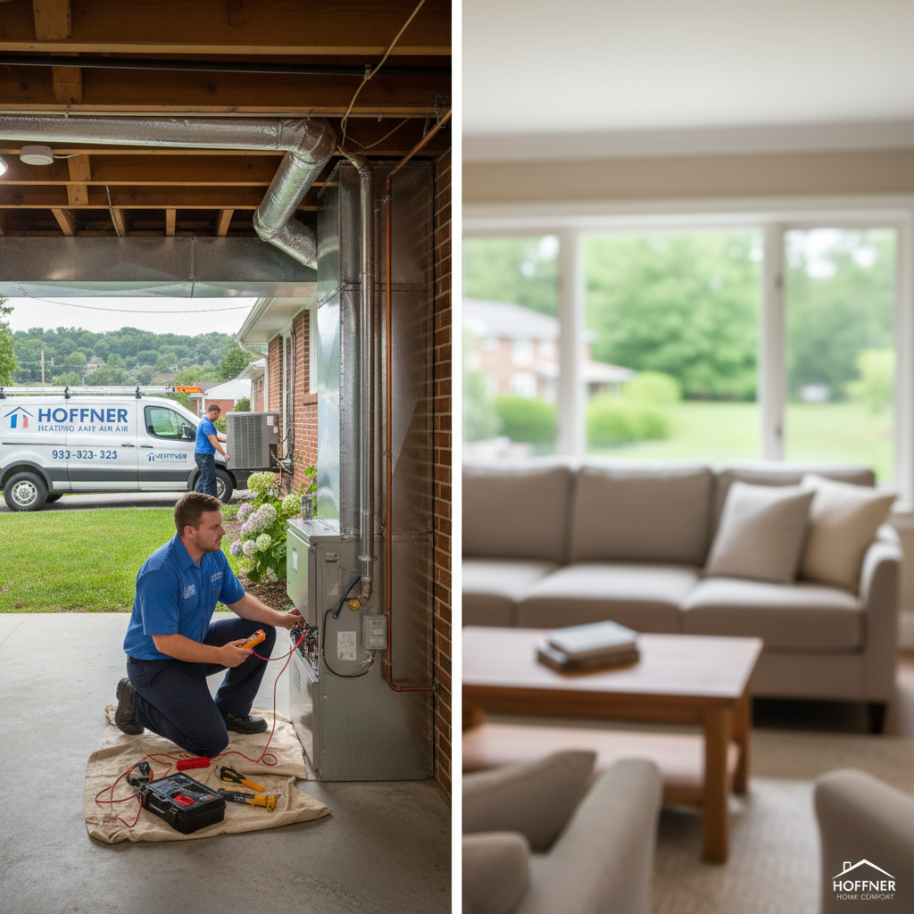Hoffner Heating and Air technician servicing a furnace in a Murrysville, PA home.