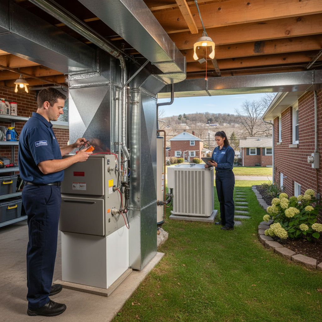 Hoffner Heating and Air technician servicing a furnace in a Murrysville, PA home.