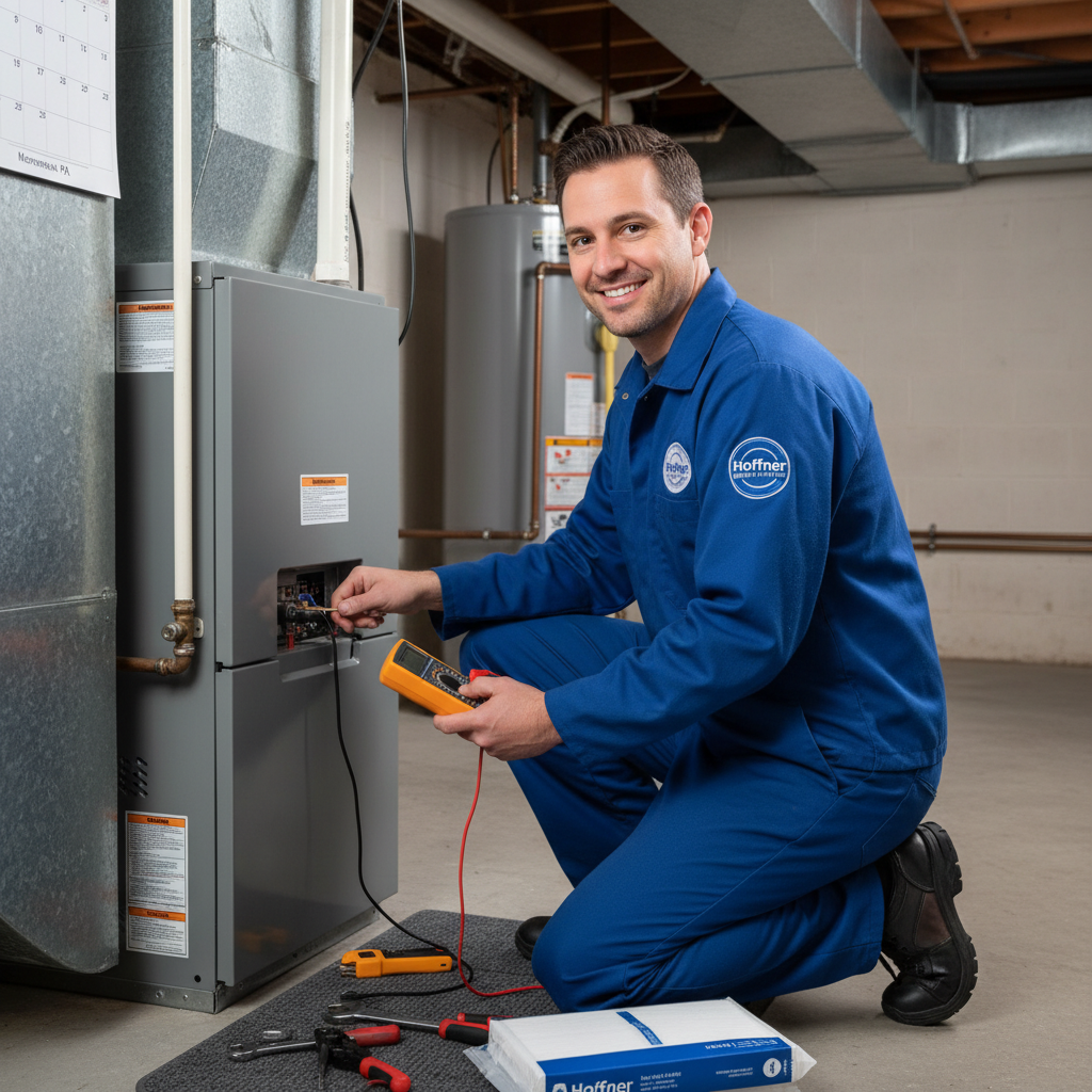 Hoffner Heating and Air technician servicing a furnace in a Monroeville, Western Pennsylvania home.