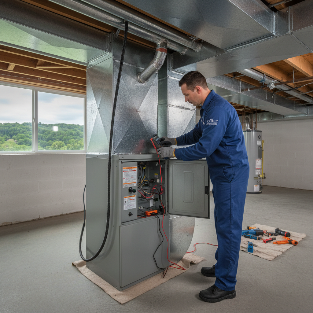 Hoffner Heating and Air technician servicing a modern furnace in a Western Pennsylvania home.