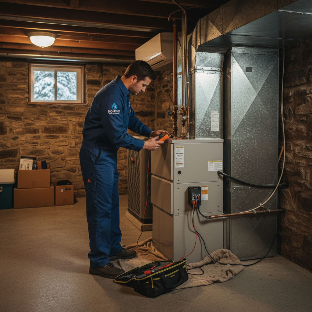 Hoffner Heating and Air technician servicing an HVAC unit in a residential home in Western Pennsylvania.