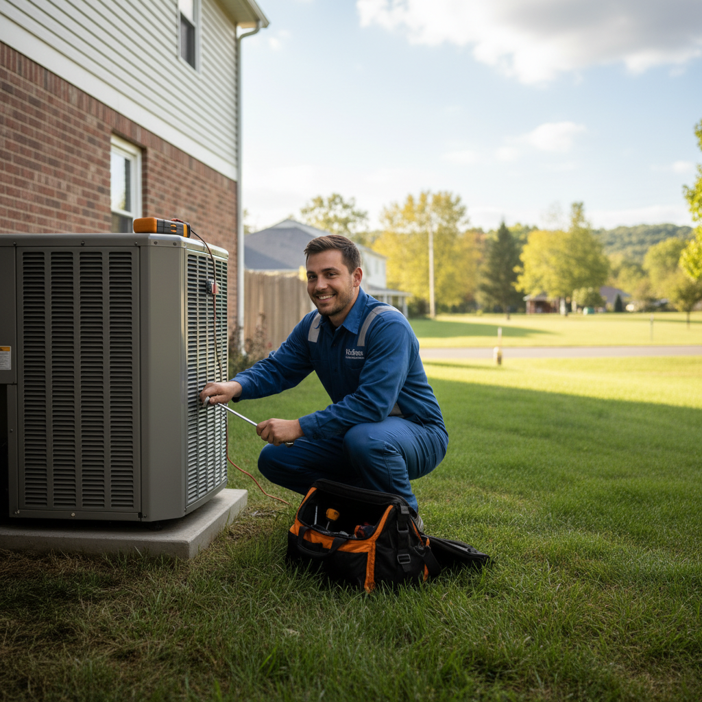 Hoffner Heating and Air technician servicing an outdoor AC unit in Murrysville, Western Pennsylvania.