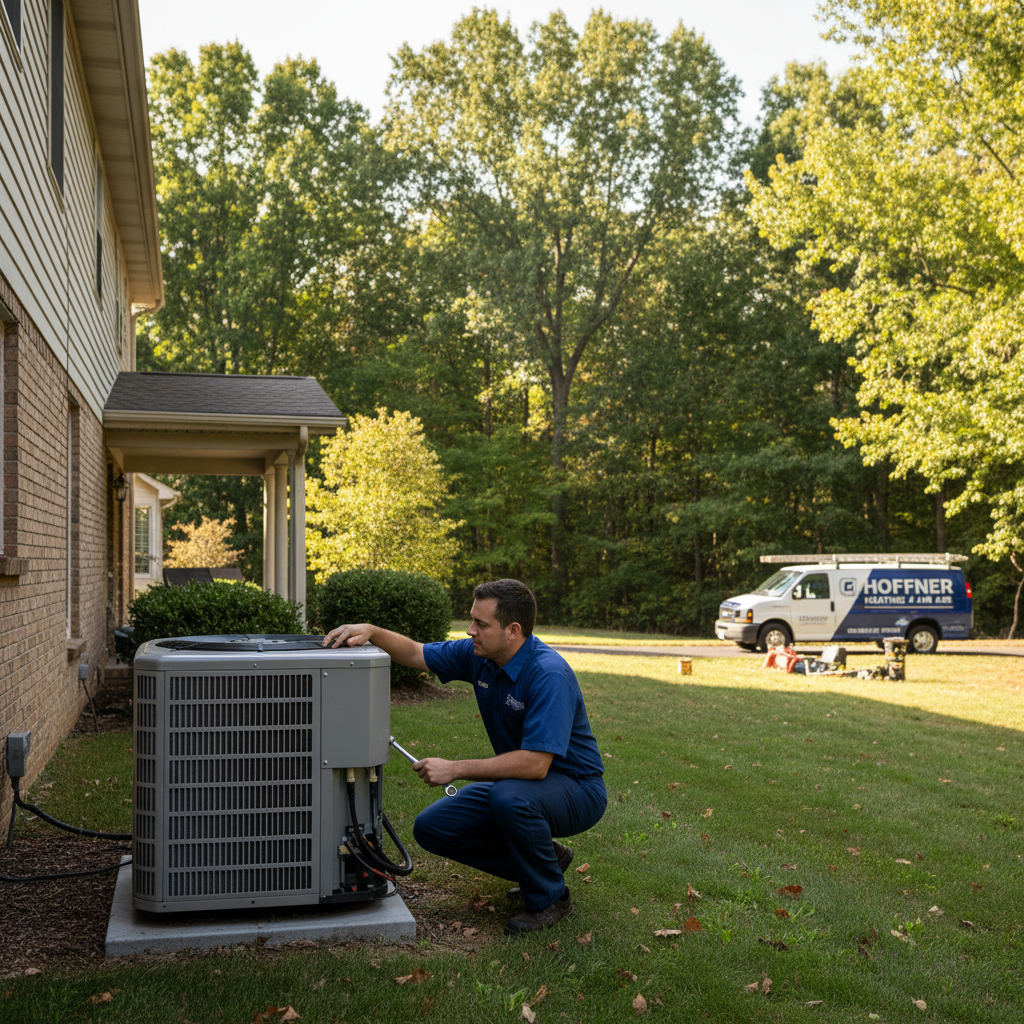 Hoffner Heating and Air technician servicing an outdoor AC unit in a residential backyard in Western Pennsylvania.