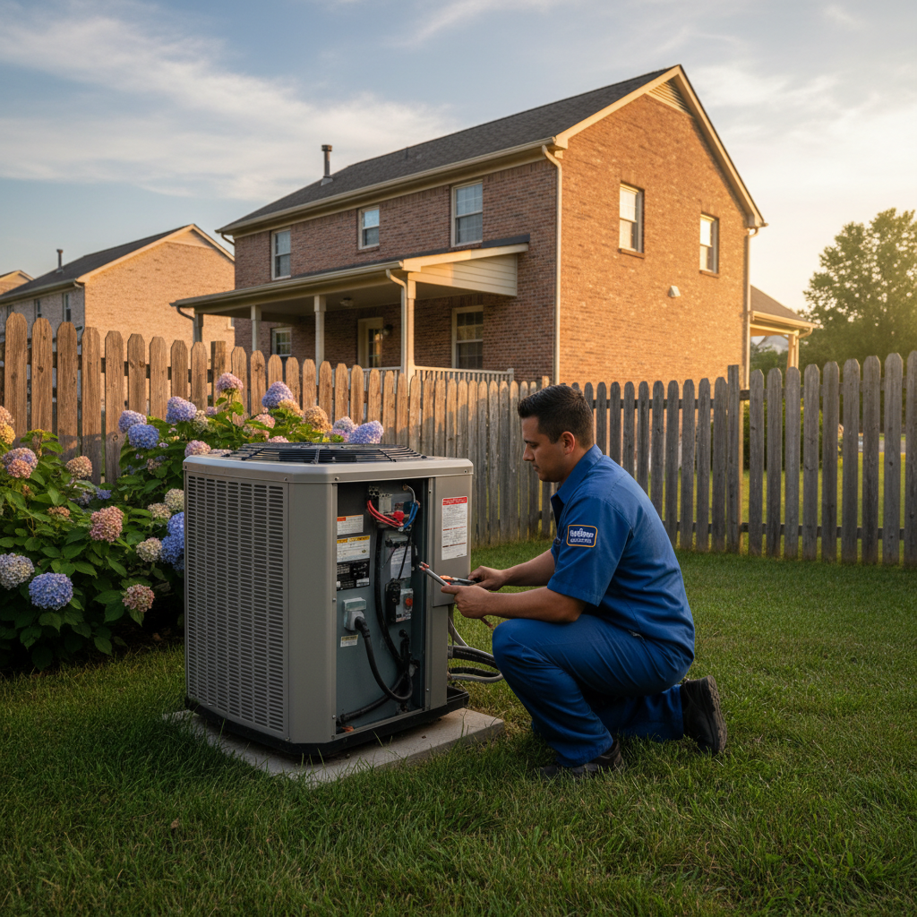 Hoffner Heating and Air technician servicing an outdoor AC unit in a residential backyard in Western Pennsylvania.