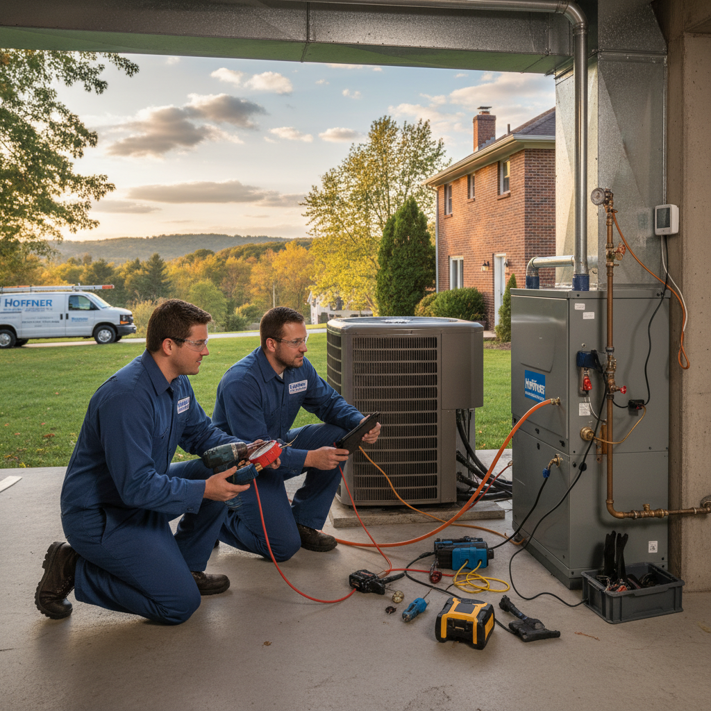 Hoffner Heating and Air technician servicing an outdoor AC unit in a residential backyard in Murrysville, PA, Western Pennsylvania.