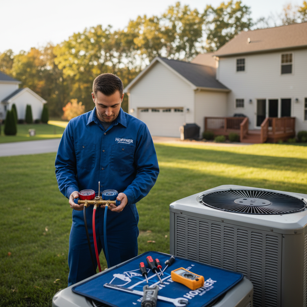 Hoffner Heating and Air technician servicing an outdoor AC unit in a residential backyard in Monroeville, PA.