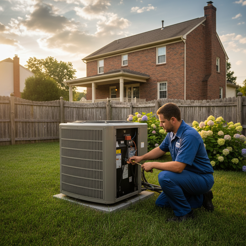 Hoffner Heating and Air technician servicing an outdoor AC unit in a residential backyard in Western Pennsylvania.
