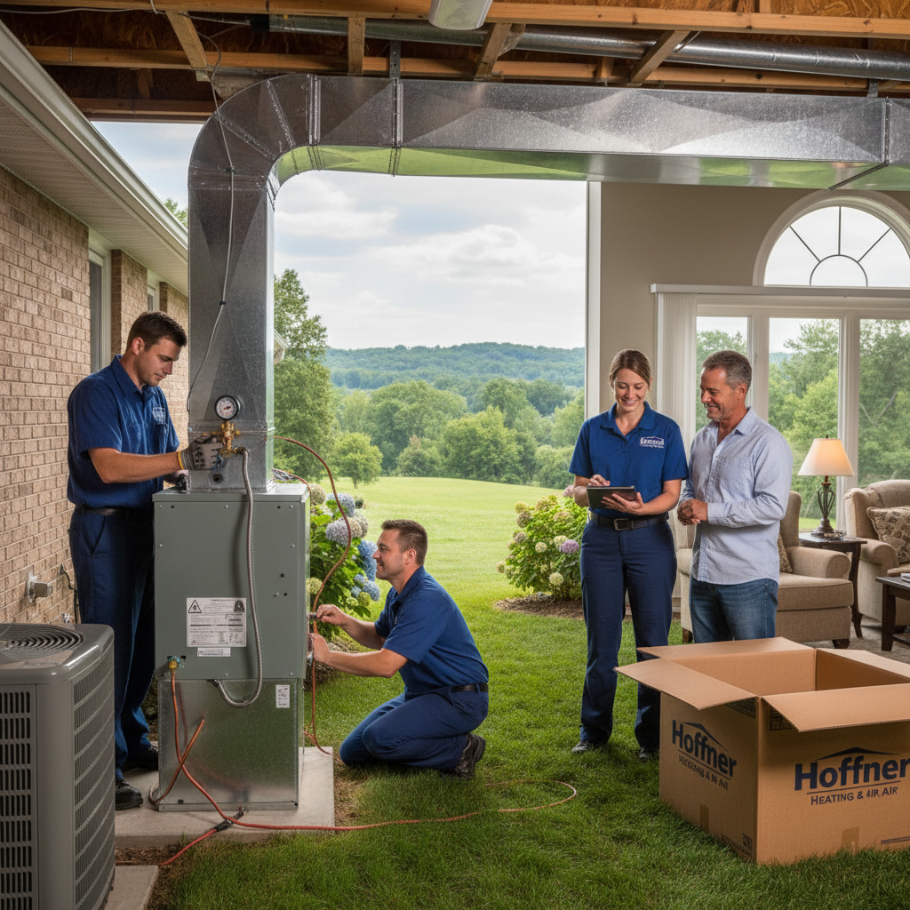 Hoffner Heating and Air technician servicing an outdoor AC unit in a Western Pennsylvania home.