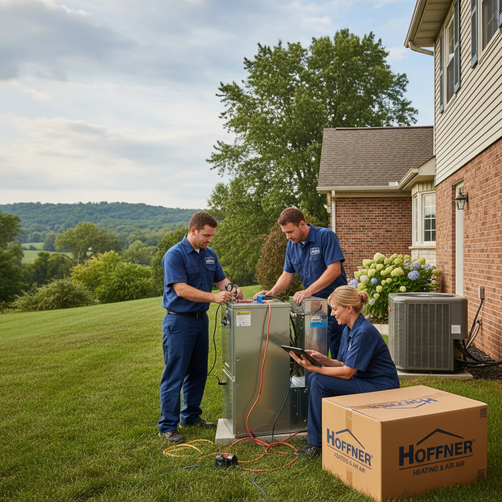 Hoffner Heating and Air technician servicing an outdoor AC unit in a Western Pennsylvania home.