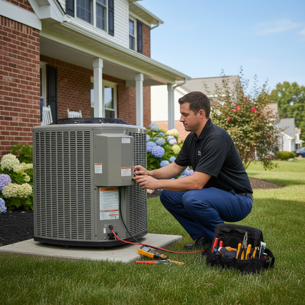 Hoffner Heating and Air technician servicing an outdoor AC unit in a residential setting in Pitcairn, PA.