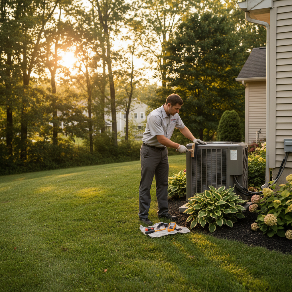 Hoffner Heating and Air technician servicing an outdoor AC unit in Western Pennsylvania's Murrysville area.