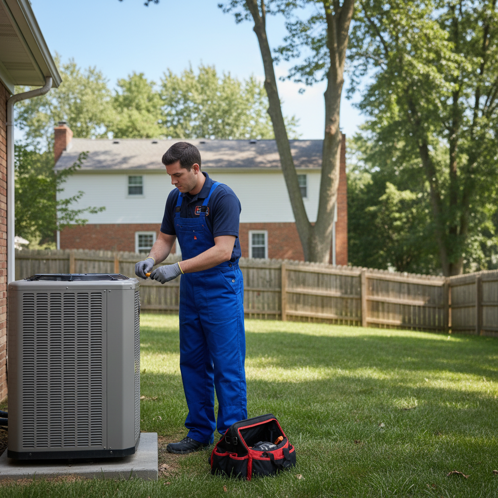 Hoffner Heating and Air technician servicing an outdoor AC unit in a Western Pennsylvania residential area.