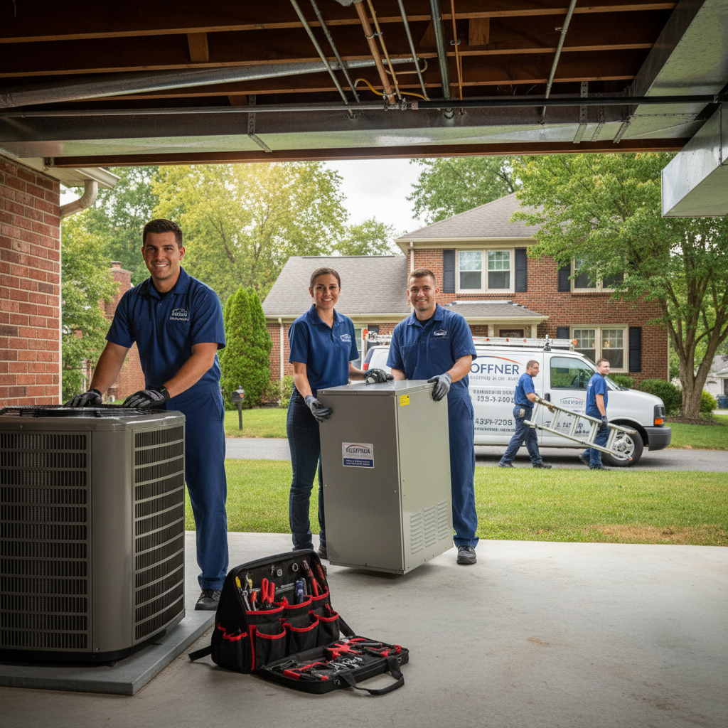 Hoffner Heating and Air technician servicing an outdoor AC unit in a residential backyard in Western Pennsylvania.