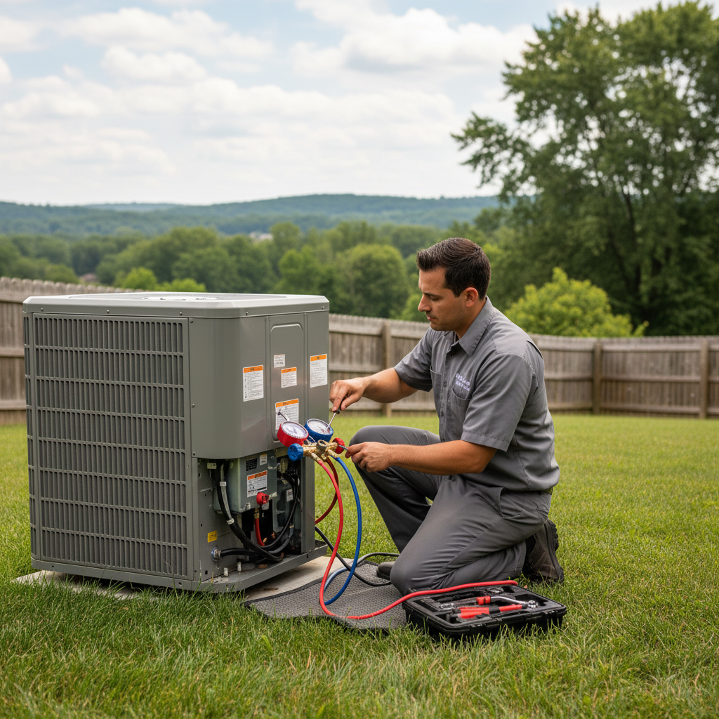 Hoffner Heating and Air technician servicing an outdoor AC unit in Western Pennsylvania, serving Pitcairn, Monroeville, Murrysville.