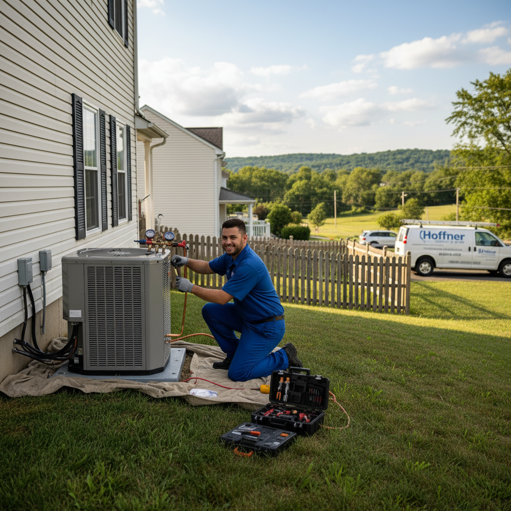 Hoffner Heating and Air technician servicing an outdoor HVAC unit in Monroeville, PA.