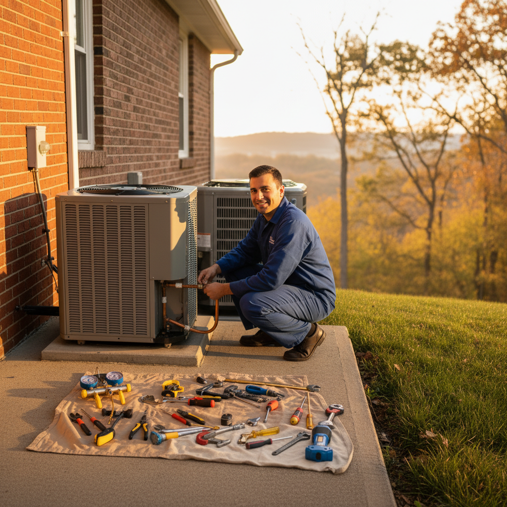 Hoffner Heating and Air technician servicing an outdoor HVAC unit in a residential backyard in Western Pennsylvania.