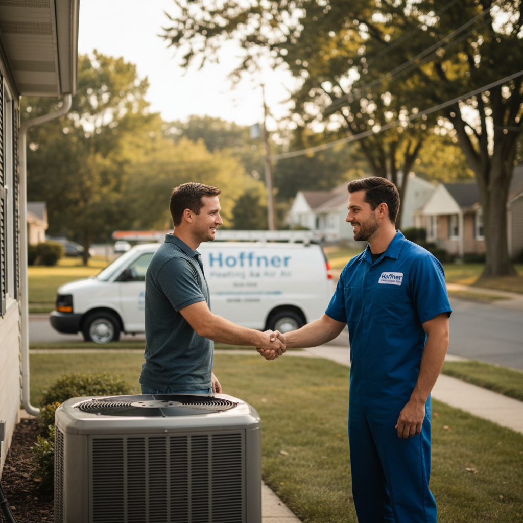 Hoffner Heating and Air technician shaking hands with a satisfied customer in Monroeville, PA.
