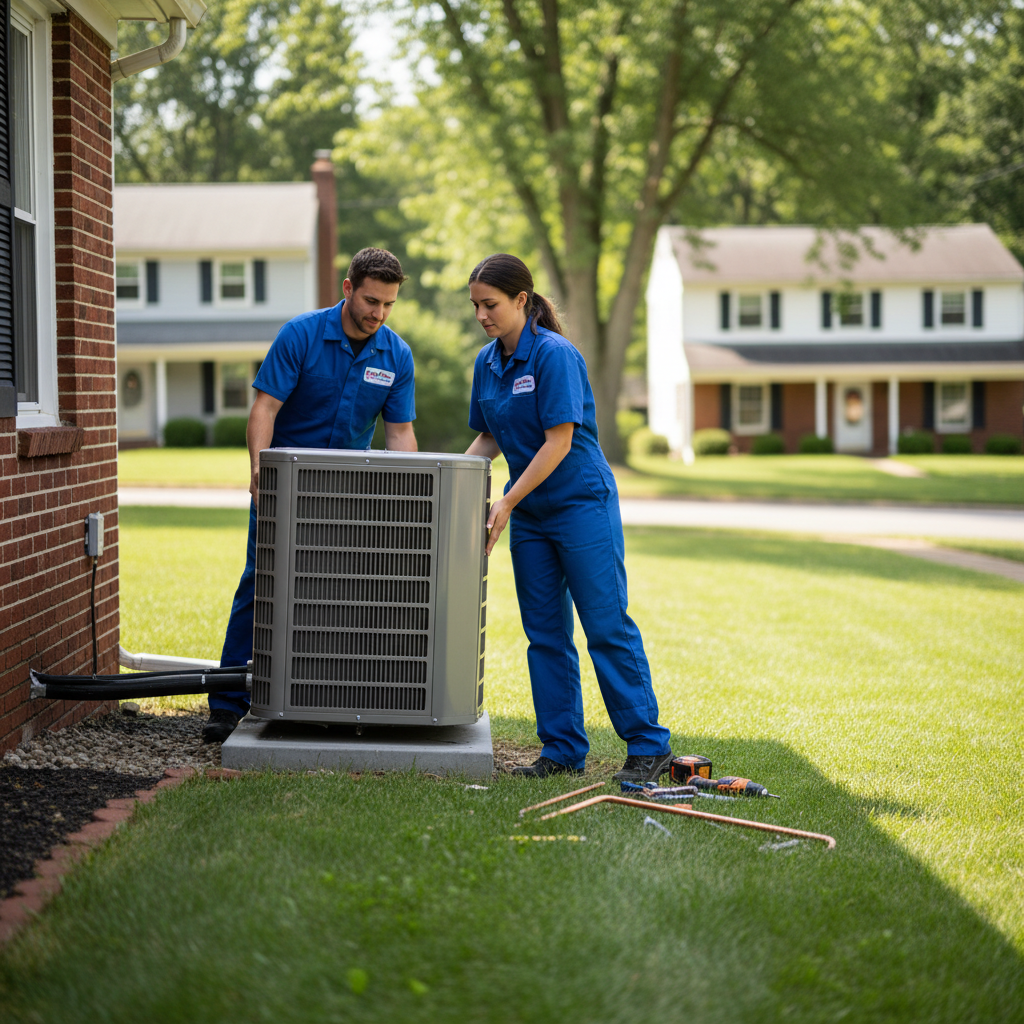 Hoffner Heating and Air technicians installing a new air conditioning unit in Monroeville, PA.