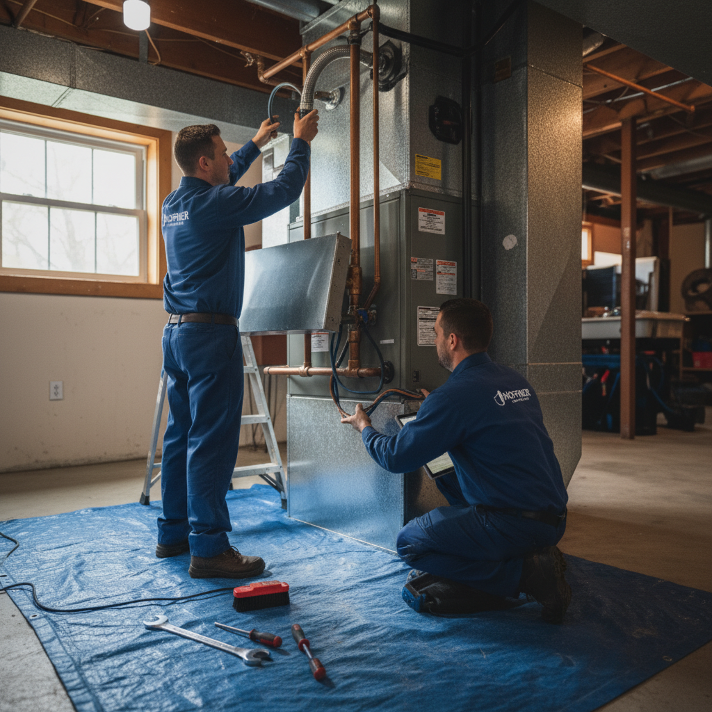 Hoffner Heating and Air technicians installing a new furnace system in a Murrysville, PA home.