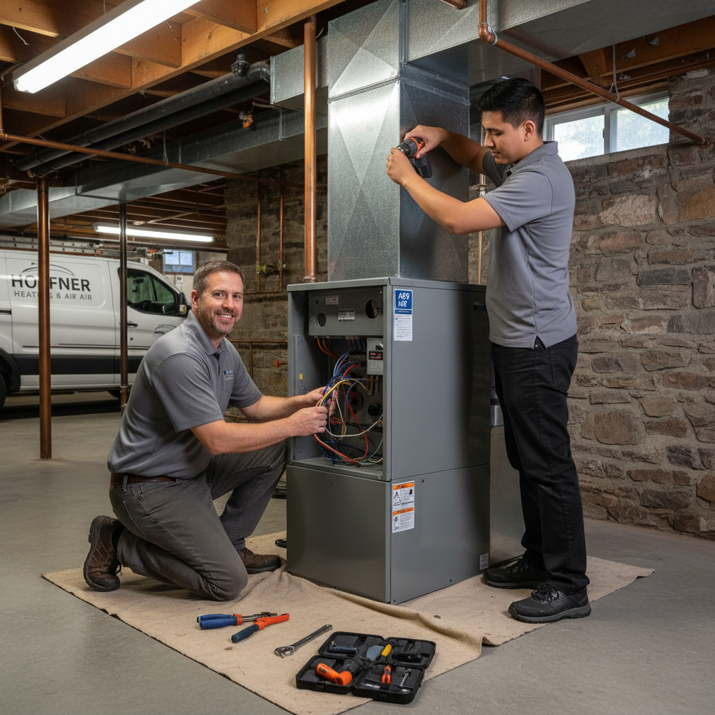 Hoffner Heating and Air technicians installing a new furnace system in a home basement, serving Monroeville, Western Pennsylvania.