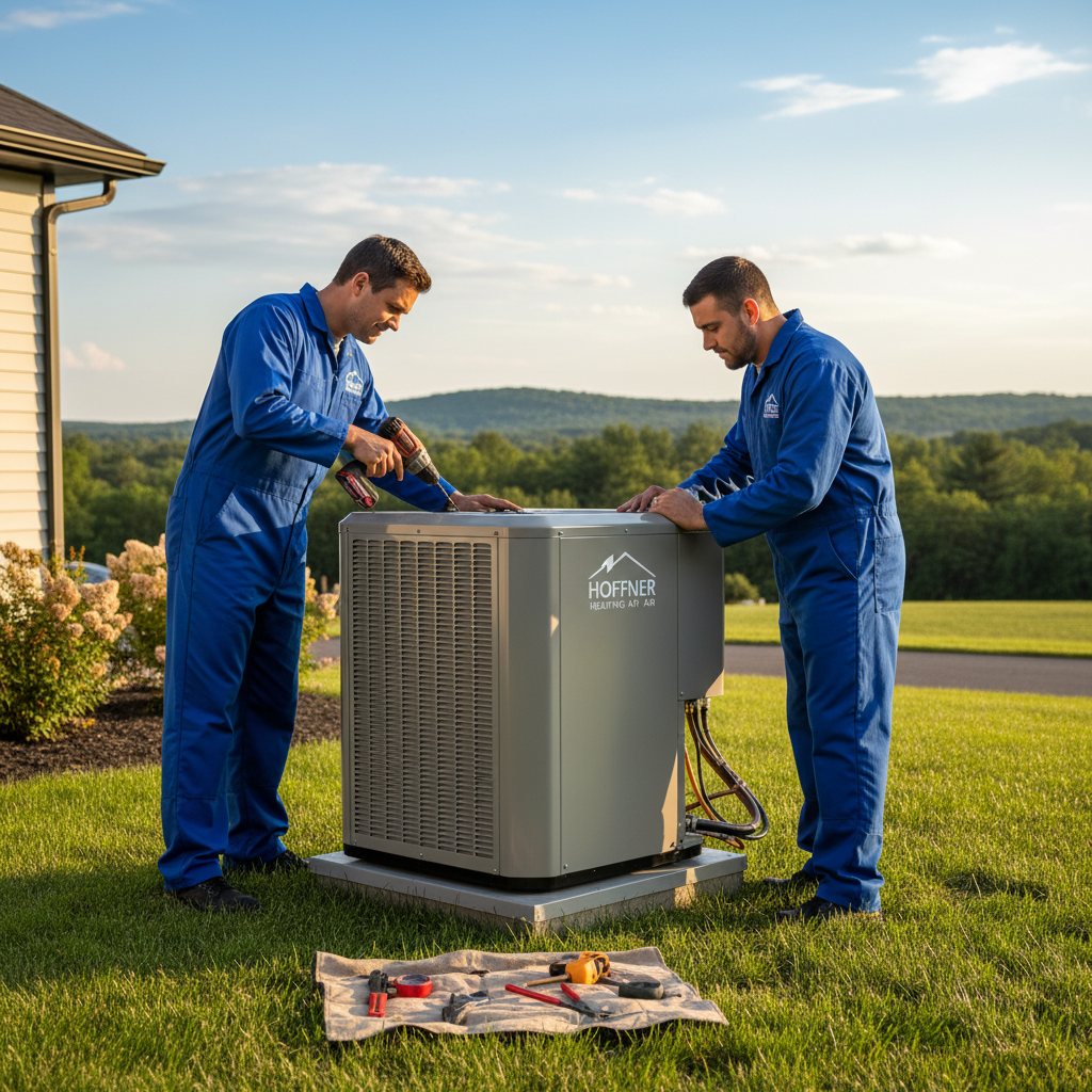 Hoffner Heating and Air technicians installing a new outdoor AC unit in Murrysville, Western Pennsylvania.