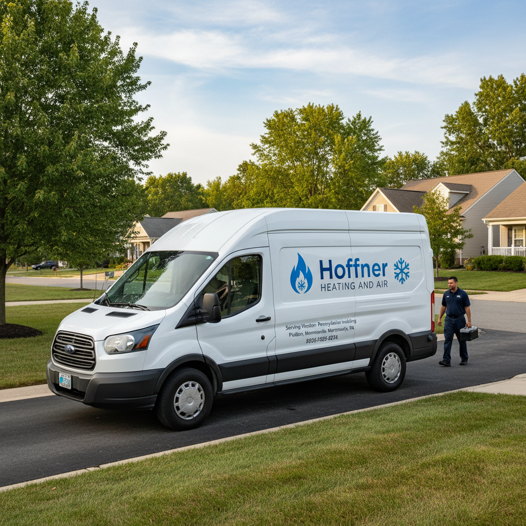 Hoffner Heating and Air van parked in a residential street in Murrysville, PA, ready for service.
