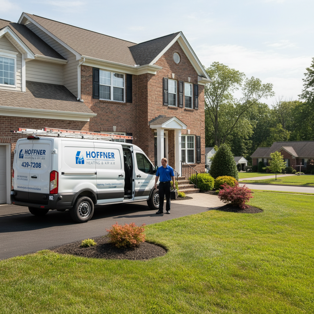 Hoffner Heating and Air van parked in front of a home in Monroeville, PA, ready for service.