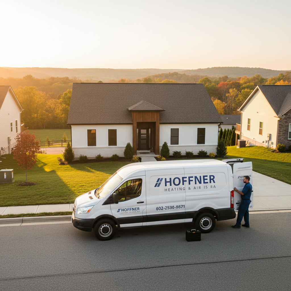 Hoffner Heating and Air van parked in front of a house, ready for service in Monroeville, PA.