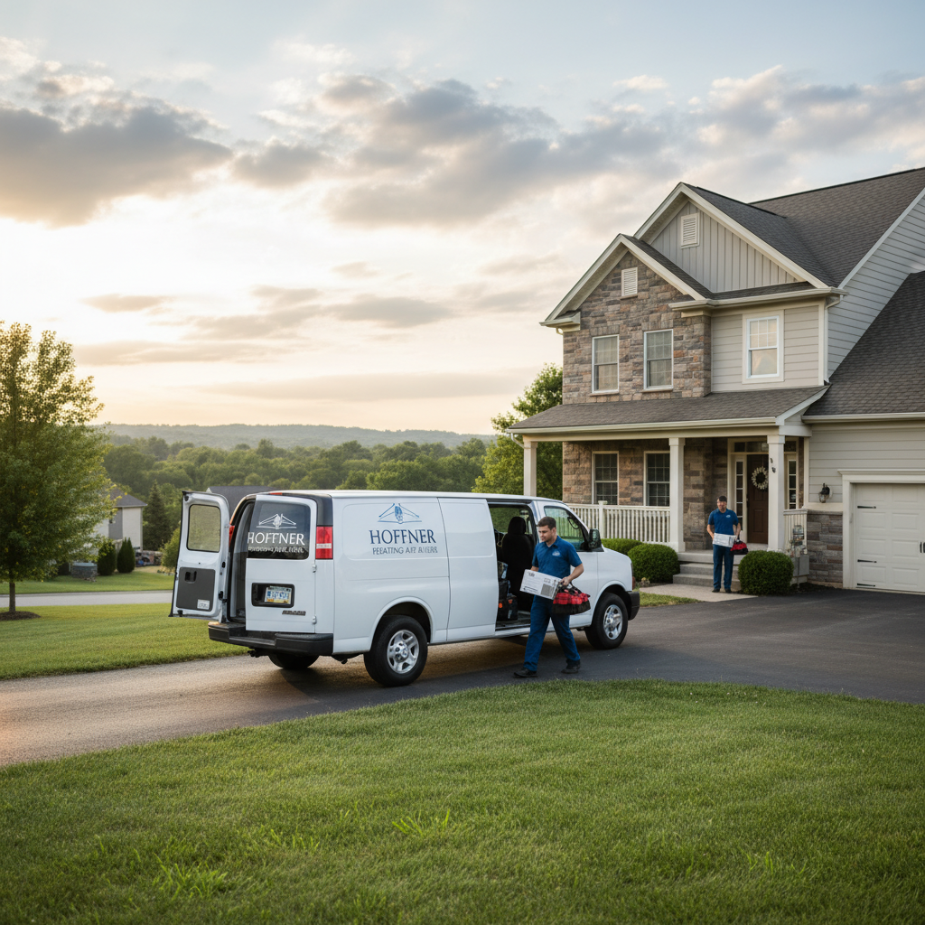 Hoffner Heating and Air van parked in front of a modern home, ready for service in Pitcairn, Western Pennsylvania.