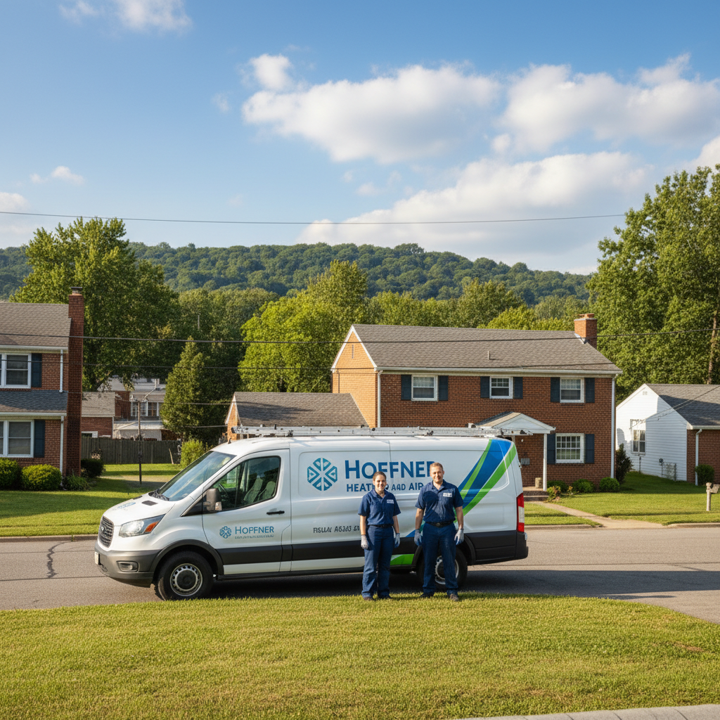 Hoffner Heating and Air van parked in front of a residential home in Pitcairn, PA.