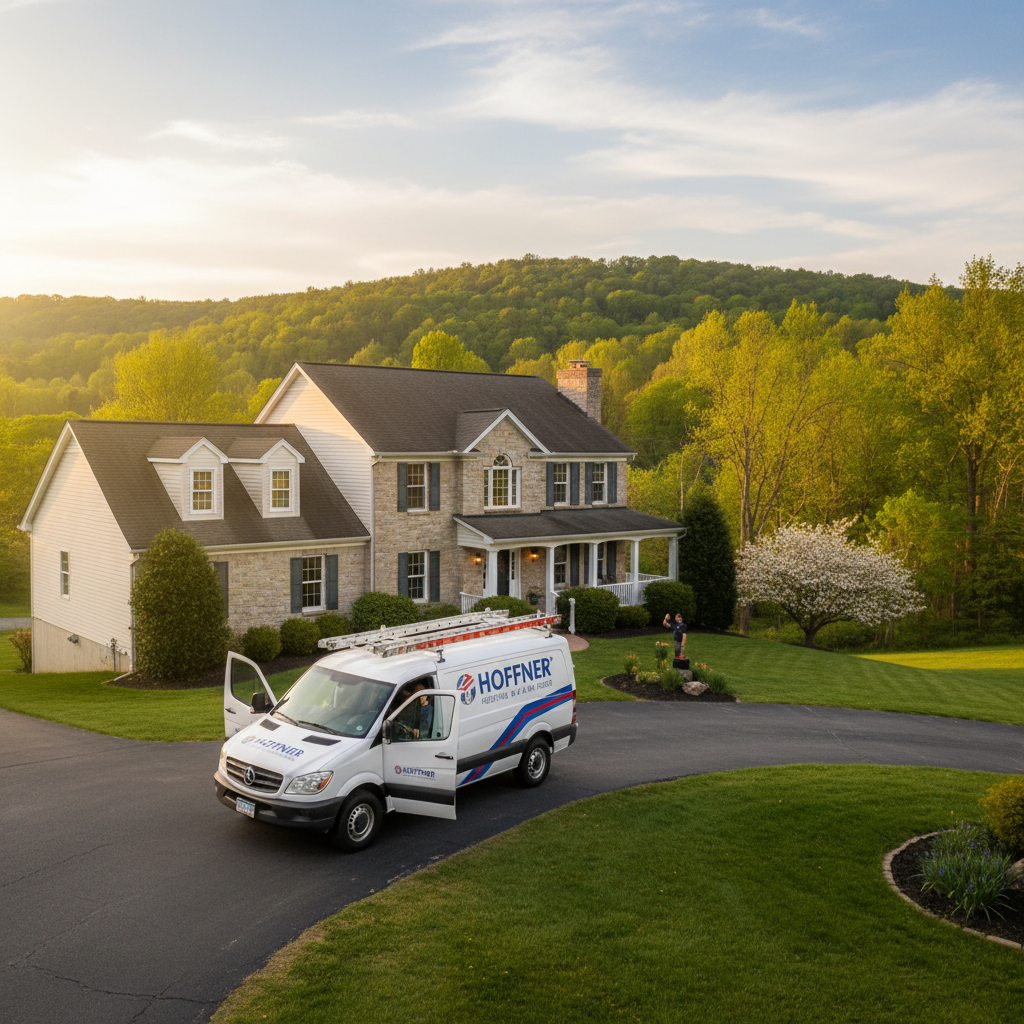 Hoffner Heating and Air van parked in front of a residential home in Pitcairn, PA.