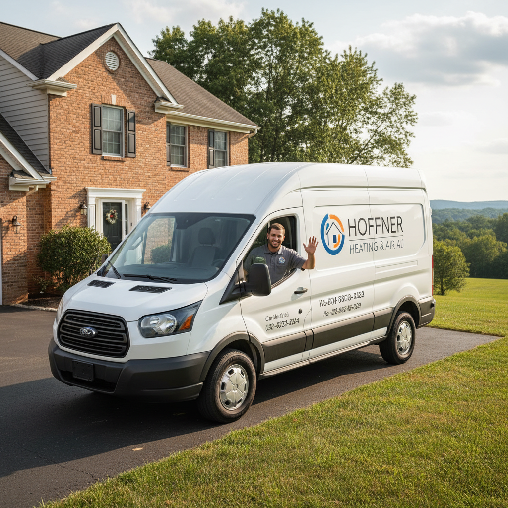 Hoffner Heating and Air van parked outside a residential home in Murrysville, Western Pennsylvania.