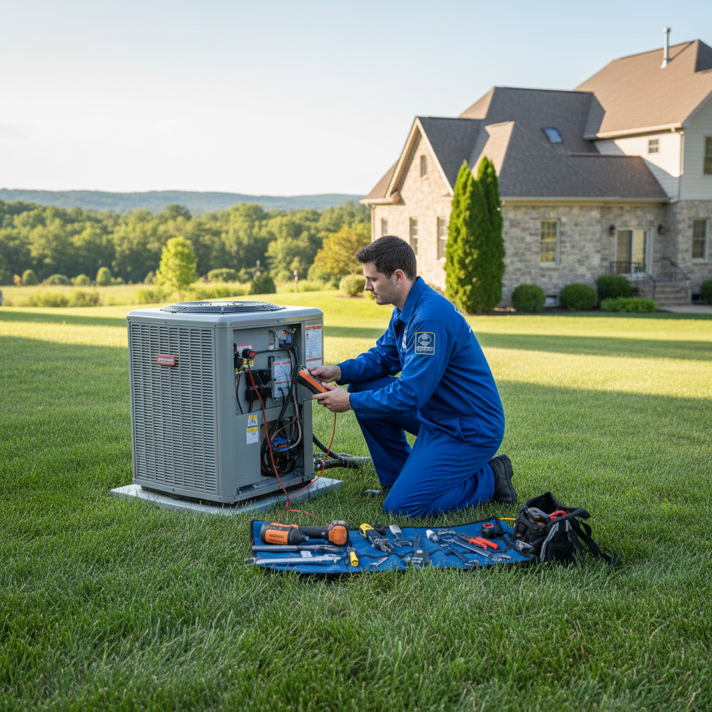 Hoffner Heating technician performing AC repair outside a home in Murrysville, Western Pennsylvania.