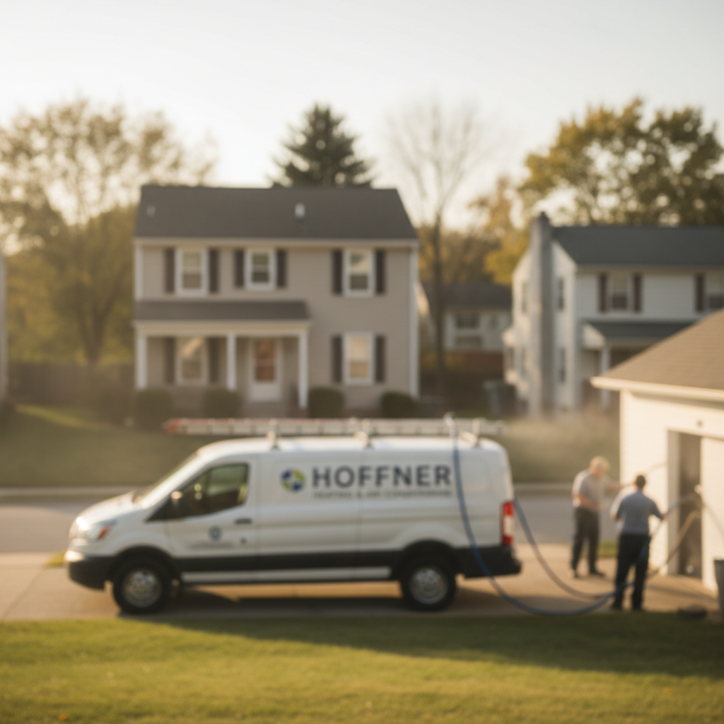 Hoffner team performing air duct sanitizing service at a residential home in Pitcairn, PA.