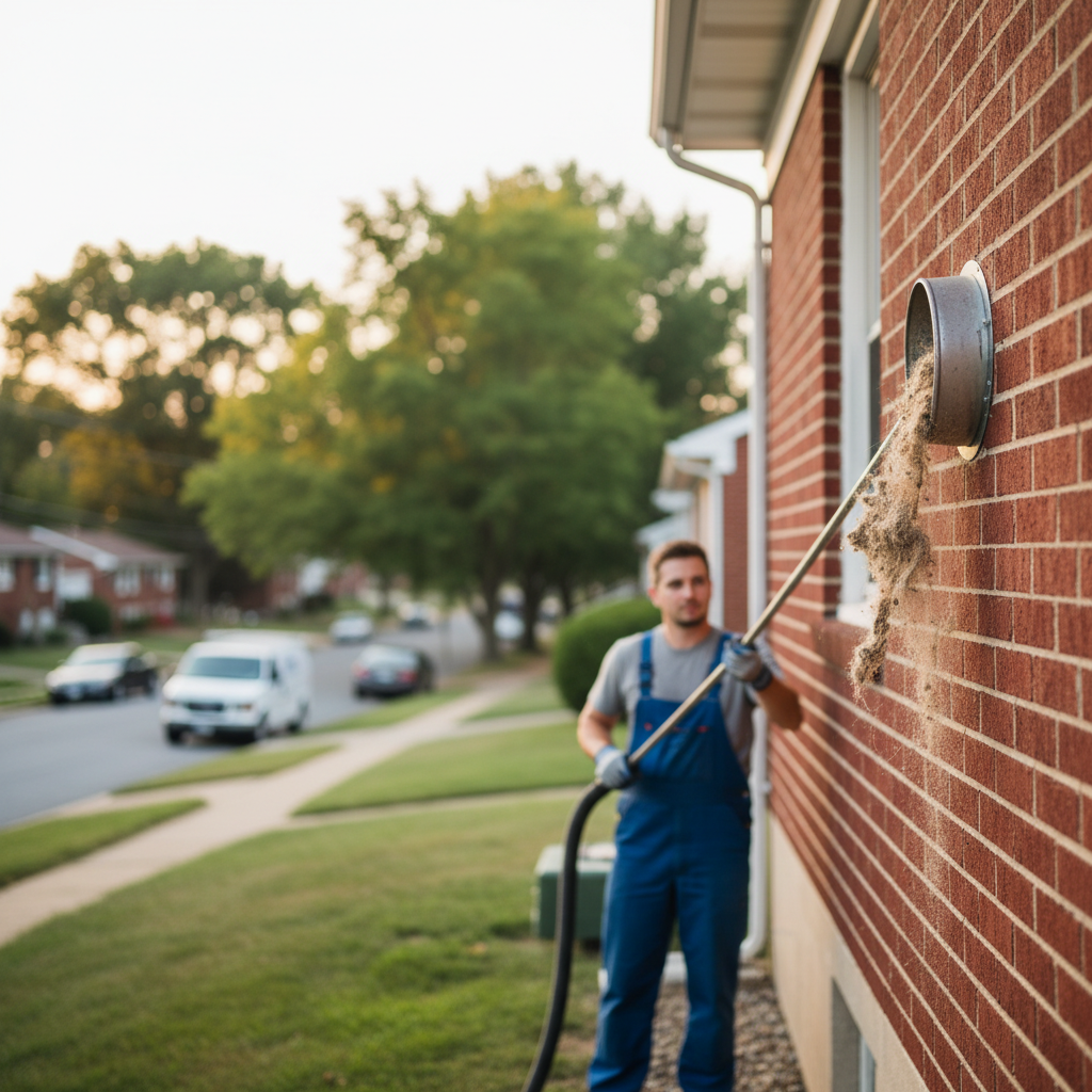 Hoffner technician performing professional dryer vent cleaning on a house in a quiet Pitcairn, PA neighborhood.