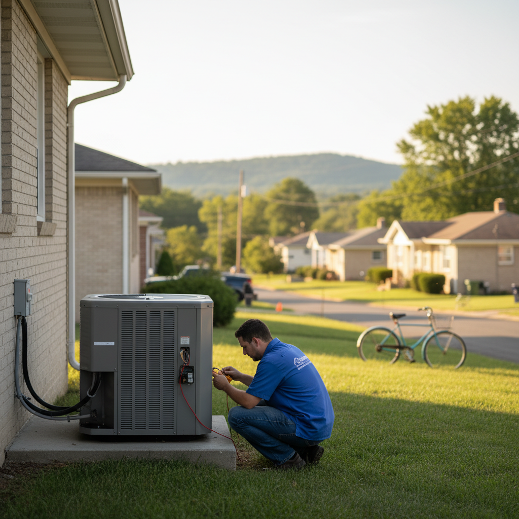 Hoffner technician working on an AC not turning on repair in a Pitcairn neighborhood.
