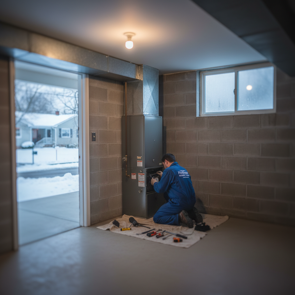 Hoffner technician working on emergency furnace repair in a Pitcairn, PA basement during winter.