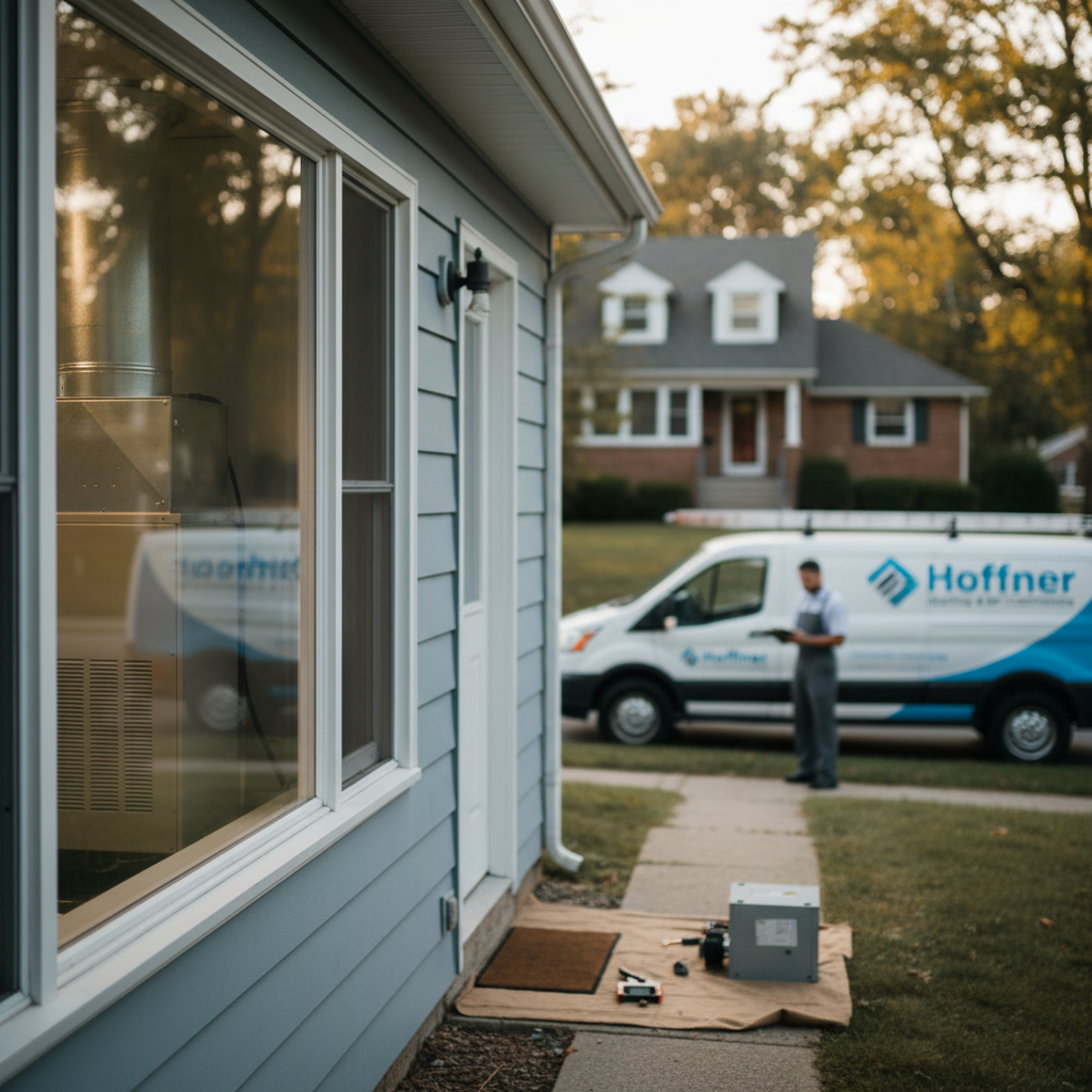 Hoffner van and technician arriving for a furnace not turning on repair in Pitcairn neighborhood.