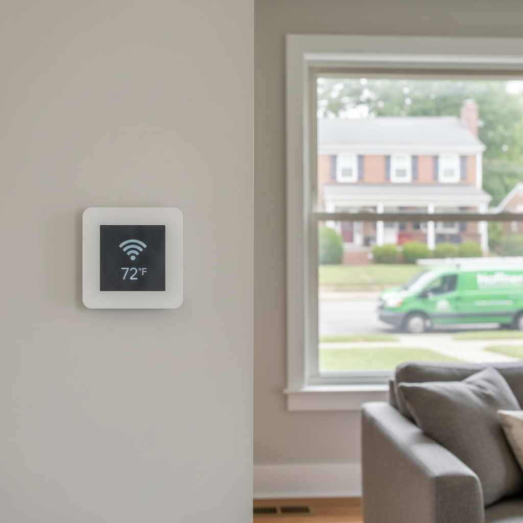 Hoffner's smart thermostat installation in a Pitcairn, PA home with a subtle neighborhood background.