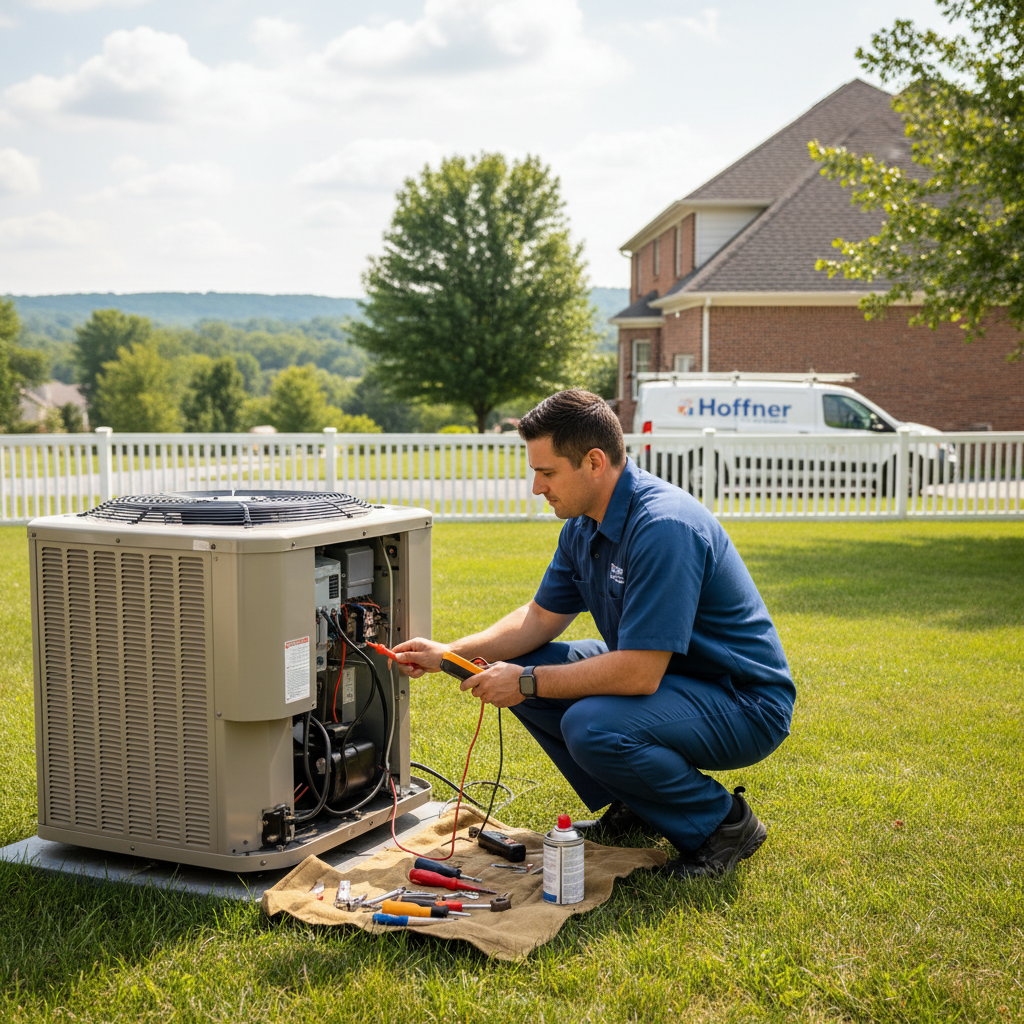 HVAC technician from Hoffner Heating and Air performing AC repair in a Murrysville, PA residence.