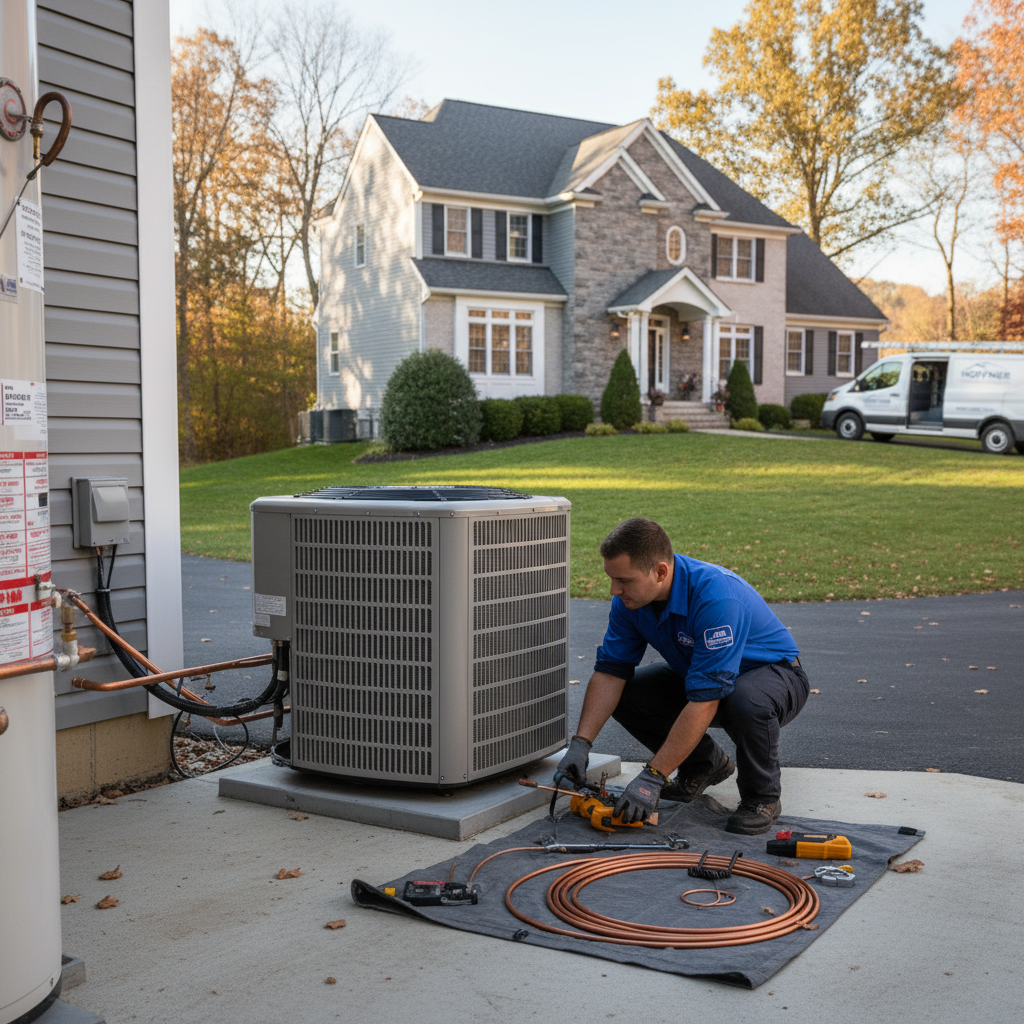 HVAC technician installing a new air conditioning unit outside a Pitcairn, PA residence.