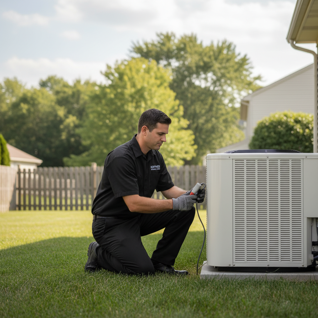 Professional Hoffner Heating and Air technician inspecting an outdoor AC unit in Monroeville, Western Pennsylvania.